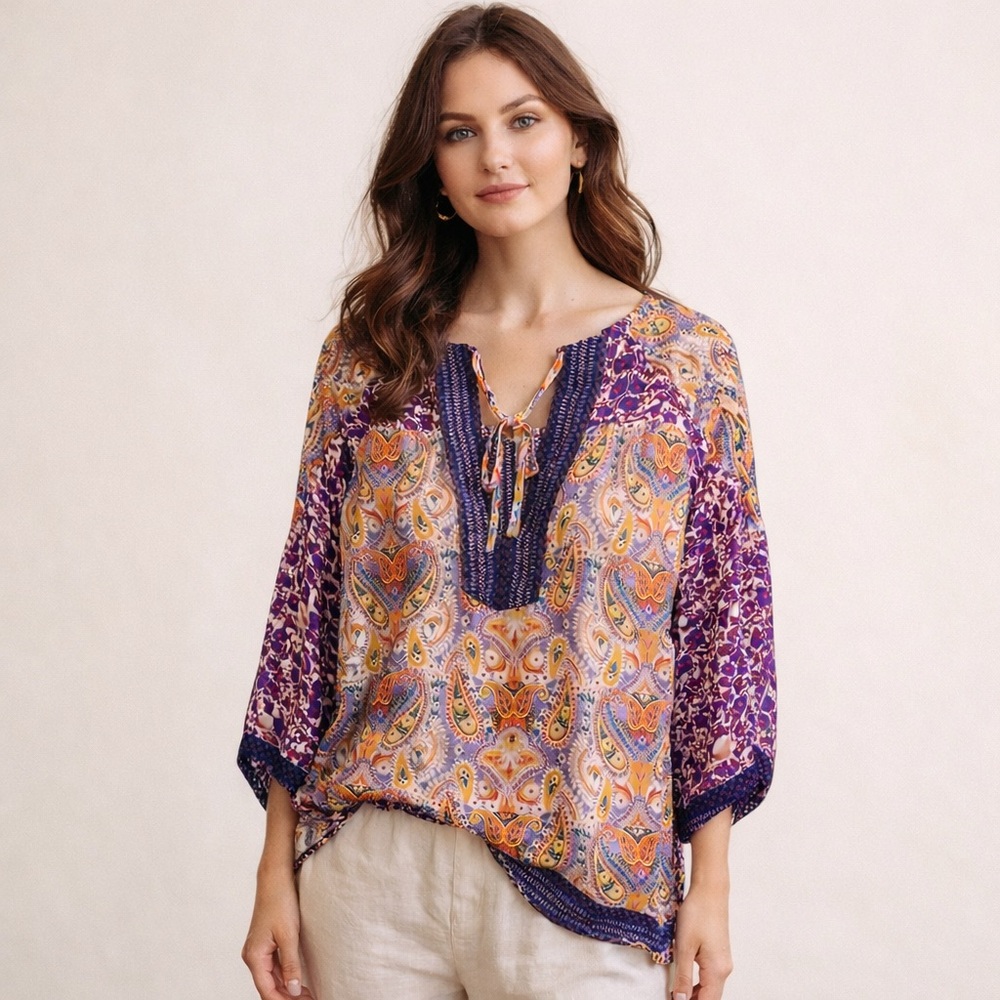 ANTHROPOLOGIE SILK TOLANI TUNIC PAISLEY FLORAL PRINT BLOUSE SIZE SMALL
